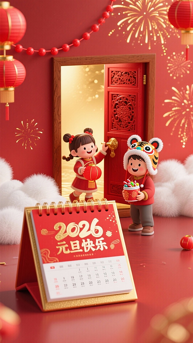 新年元旦！热闹的气氛，有孩童，有烟花灯笼。