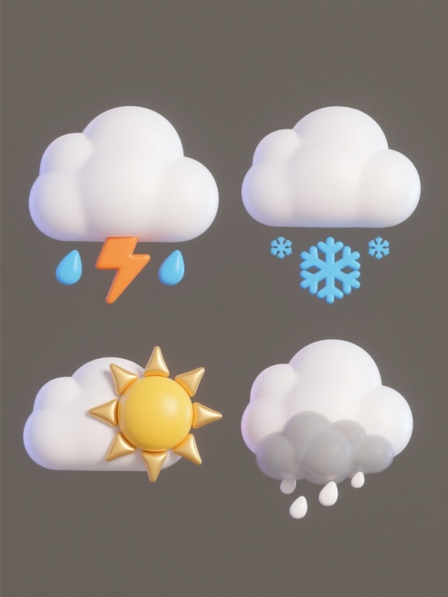 纯色背景上，四个等大的3D立体风格天气图标规整排布成系列素材集合，保持圆润厚实的白色云朵造型和统一光影质感：第一个图标为云朵下方有橙色闪电和蓝色雨滴，第二个是云朵下飘着蓝色雪花，第三个是云朵旁有黄色太阳和金色光芒，第四个是云朵下方有灰色雾气和白色水珠，所有元素色彩鲜明、边缘光滑，整体呈现简洁可爱的卡通视觉风格。预览效果