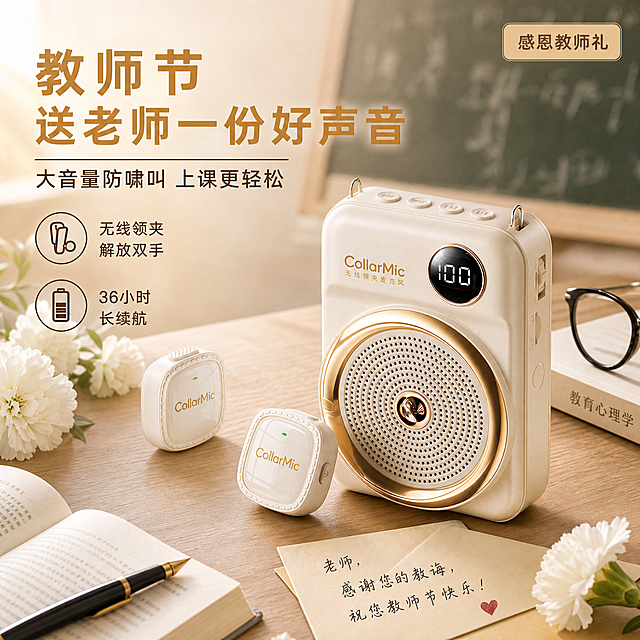 [主图-1] 教师节送礼氛围主图，核心任务是突出产品作为教师节礼物的价值感与感恩氛围。
[统一基调] 整体风格温暖雅致、品质感强，以米白、暖金、浅棕为主色调，营造教师节感恩送礼氛围；字体采用简洁现代的无衬线中文字体，标题字色为暖金色，辅助文字为深棕色，强调色为暖红棕；卡片和图标使用圆角、细描边的精致样式；光影柔和自然，商业摄影质感。
[画面] 产品（CollarMic无线领夹麦克风套装：1个米白色主机+2个米白色领夹麦）位于画面中心偏右位置，占画面约55%，45°俯视角度，主机正面朝向观众，屏幕显示100，金色CollarMic字样清晰可见，两个领夹麦在主机左前方错落摆放。产品放置在浅木色讲桌上，讲桌上有翻开的课本、一支钢笔、一副黑框眼镜，背景是虚化的教室黑板，黑板上隐约可见粉笔书写的字迹，营造真实的教师讲台场景。产品周围点缀少量白色康乃馨、淡黄色信封、手写感谢卡片等教师节元素，增加送礼氛围。左上角放置品牌标识区域。
[光影质感] 柔和的自然光从左上方照射，产品表面有细腻的高光和自然的阴影，材质呈现温润的米白塑料质感与金色金属光泽，产品与桌面接触处有真实的接触阴影，整体光影温暖柔和，商业摄影级质感。
[配色] 主色调为米白、暖金、浅木色、深棕；背景为暖米色渐变叠加教室场景虚化；点缀少量白色花朵的纯净感。整体色调温暖雅致，符合教师节感恩氛围。
[文字版式] 画面左侧为文字区域，主标题大字：「教师节 送老师一份好声音」，暖金色粗体；副标题：「大音量防啸叫 上课更轻松」，深棕色中号字；下方两个小卖点图标+文字：「无线领夹 解放双手」「36小时长续航」，深棕色小号字。文字左对齐排列，不遮挡产品主体，字体清晰易读。右上角可加小号「感恩教师礼」标签。
[输出要求] 1440×1440像素，1:1比例，产品清晰完整，文字清晰可读，画面干净有质感，氛围温暖。禁止：产品变形、颜色偏差、文字模糊、画面杂乱、水印、平台Logo、人物面部扭曲、手指畸形。
