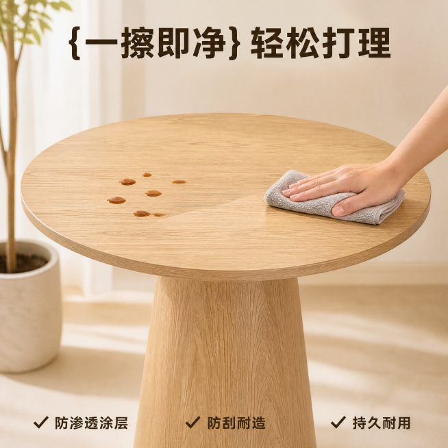 [主图-6] 实木洽谈小圆桌易清洁维护演示图。
[氛围风格] 真实场景演示，简洁实用感，保持轻奢统一风格；
[画质] 商业摄影质感、光线柔和通透、产品清晰真实、画面干净高级。
[元素] 桌面上滴上几滴预览效果