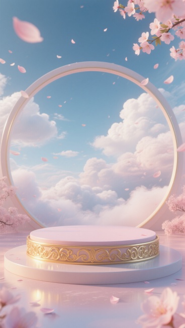 梦幻金色工艺纹理边圆形展台，后面是浮云和少许桃花花瓣飘落，七夕浪费氛围感。预览效果