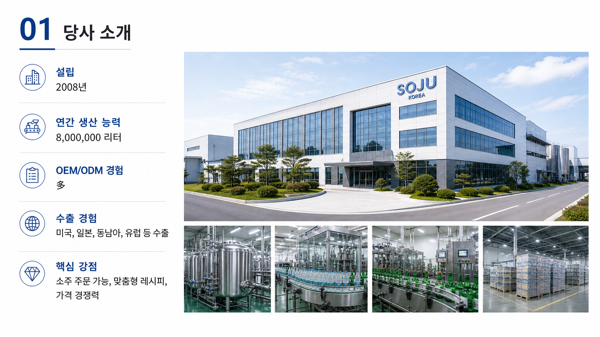 韩国酒类公司介绍PPT页面，标题'01 당사 소개'，左侧列出… - 图片创意预览