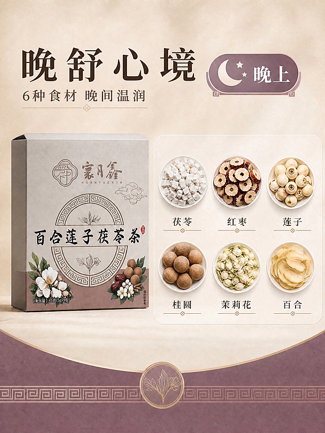 基于这张晚上安舒茶详情图，保持整体画面、产品盒外观、食材陈列、背景、配色、排版结构、图标、装饰线全部不变，只修改标题和副标题文字：将大标题「晚上 安舒茶」改为「晚舒心境」，将副标题「6味食材 温润舒心」改为「6种食材 晚间温润」。其余所有元素（产品盒、食材碗、食材名称、右上角月亮星星图标、底部回纹装饰等）均保持原样不动。文字为宋体粗体，深棕黑色，横向排版，字号与原标题一致，清晰可读。