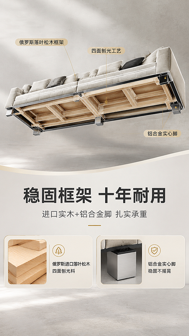 [商品] 使用【图1】布雷泽Blazer米白色布艺沙发底部及框架部分；保留沙发外观颜色和整体造型；展示底部框架结构和铝合金脚，做框架结构示意，不改变沙发外部版型。
[画面] 目标：框架结构证明页，突出实木框架与铝合金脚的稳固耐用。构图：上下分区，上半部分40%为沙发底部仰视角度+框架结构透视线稿，下半部分60%为文案+材质展示区；沙发底部框架位于画面上半部，占画面约40%；用引线标注：俄罗斯落叶松木框架、铝合金实心脚、四面刨光工艺；背景为浅灰色工业风质感，突出结构力量感。
[视觉] 套系策略：风格=现代极简轻奢商业摄影；标题字=现代无衬线粗黑体；正文字=简洁无衬线细体；主色=米白+浅灰；背景延展=基于米白浅灰做深浅层级、同色渐变和细腻哑光质感；强调色=香槟金，仅用于小面积图标、引线、标签和装饰线条；标题色=深炭灰；正文色=中暖灰；组件=圆角浅底信息卡、细线引线、香槟金点缀；光影=底部侧逆光勾勒轮廓，正面柔光补光，亮色调为主。
[文字] 下半部分文案区：主标题"稳固框架 十年耐用"（8字），副标题"进口实木+铝合金脚 扎实承重"（12字）；下方2个材质说明横排：左侧"俄罗斯进口落叶松木 四面刨光料"配木材纹理小图，右侧"铝合金实心脚 稳固不摇晃"配铝合金脚特写小图；所有文字横排。
[规格] 图片比例9:16竖版，4K，避免变形、错字、文字过小、冷蓝背景、沙发颜色改变、版型失真、极限词。