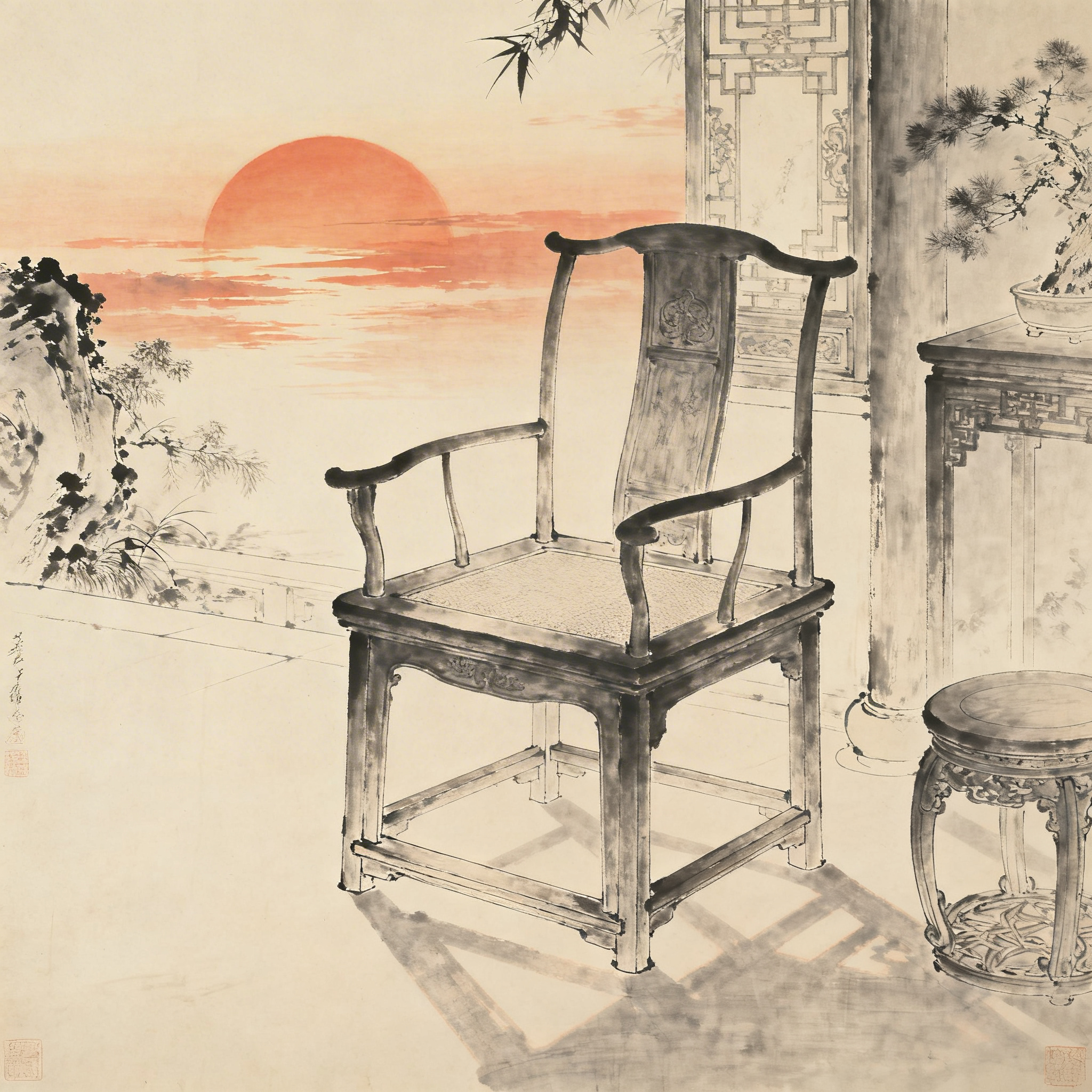 夕阳下的家具，整体风格为传统工笔画，线条细腻流畅，构图雅致，色… - 图片创意预览