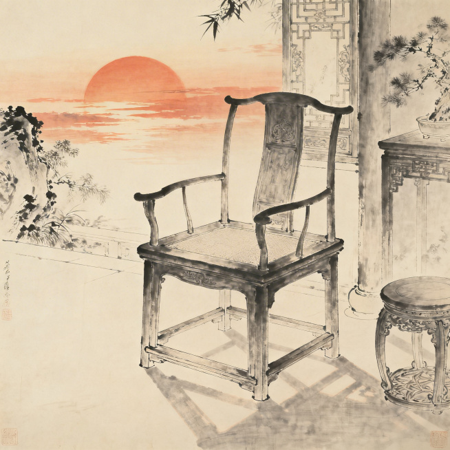 夕阳下的家具，整体风格为传统工笔画，线条细腻流畅，构图雅致，色调古朴自然，呈现出东方古典审美意境，家具轮廓清晰，光影柔和预览效果