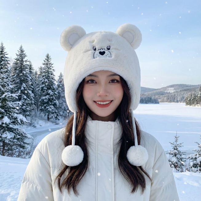 帮我生成模特图，模特选择中国网红，背景选择街道或者雪地，不要改变我帽子原来的特征预览效果