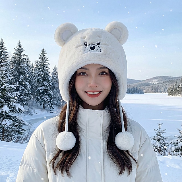 帮我生成模特图，模特选择中国网红，背景选择街道或者雪地，不要改变我帽子原来的特征