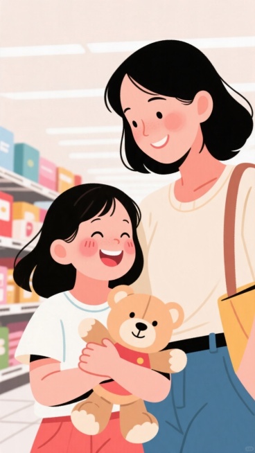 孟菲斯风，主视觉为一對母女在百貨公司逛街，孩子拿著喜歡的玩具燦爛的笑，母親看著孩子滿足微笑，商业插画，背景空白预览效果