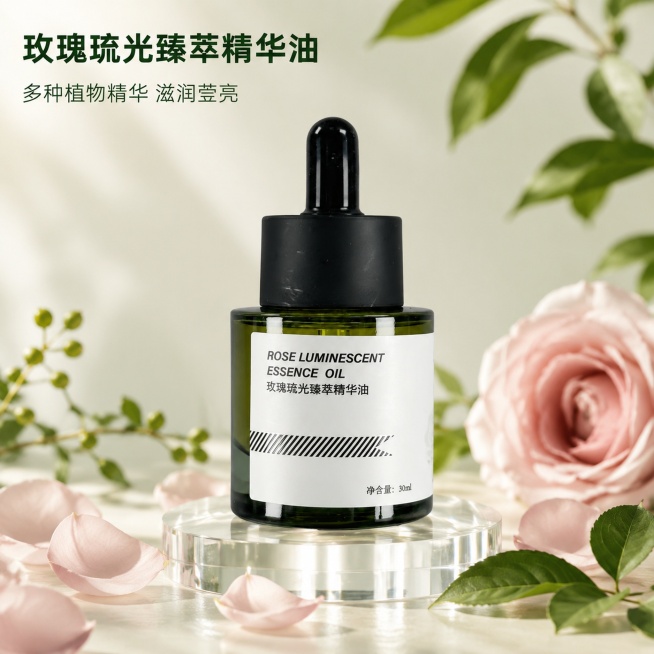 「图片1」，生成一套主图（2张），商品名称是玫瑰琉光臻萃精华油，卖点是富含多种植物精华，滋润肌肤，让肌肤莹润透亮，展示产品功效与场景图适配淘宝/天猫平台，主图比例为1:1「图片1」预览效果