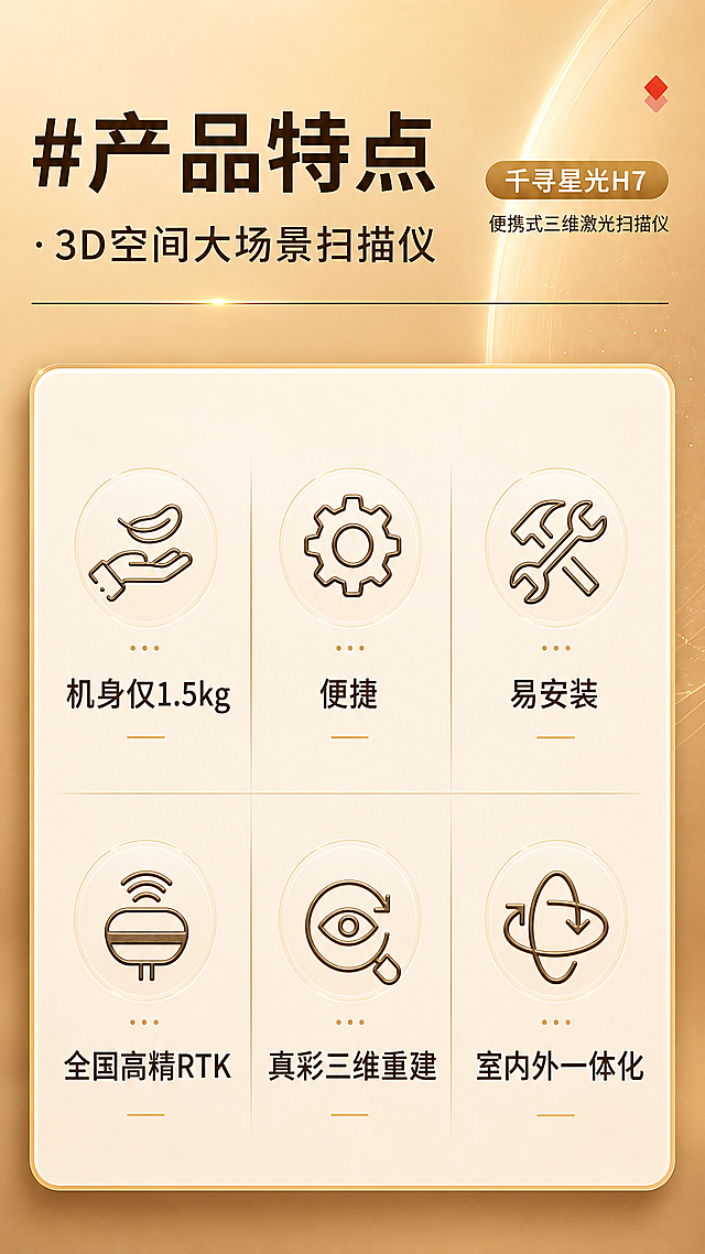 参考图片内容，生成介绍千寻星光H7便携式三维激光扫描仪产品特点的商品详情图，保留所有图标和文字信息，调整图片宽度为750像素，优化图片配色和排版，让整体更清晰美观专业，保持所有文字可辨认