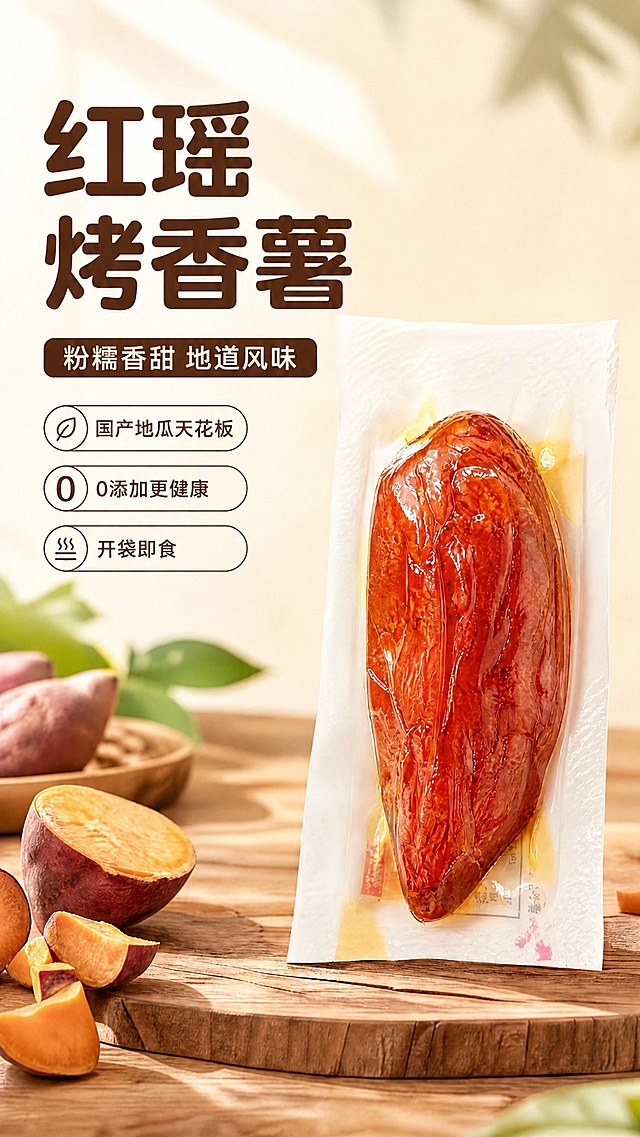 将薯干颜色调整为红润自然，提亮深色区域结构层次，消除偏色灰暗，提升透明包装通透度，保留原图背景、构图、文字和结构不变