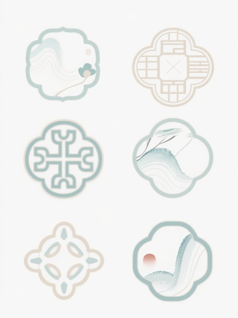 中国风插画风格，白色背景，六个不同样式的国风元素排列整齐，采用淡雅清新的色彩搭配，线条流畅细腻，融合传统水墨笔触与现代扁平化设计感，每个元素具有独特的传统纹样和形态特征，整体构图平衡对称，呈现出典雅精致的东方美学韵味。预览效果