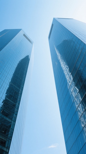 低角度仰拍视角下的现代城市高楼大厦场景，两座高耸入云的玻璃幕墙摩天大楼占据画面主体，玻璃表面呈现出清晰的蓝色调反光，反射着晴朗天空的淡蓝色和顶部的柔和天光，大楼结构线条硬朗分明，玻璃格子整齐排列，光影过渡自然，天空从底部的浅蓝色渐变为顶部的淡白色，整体画面干净通透，风格写实，符合现实建筑逻辑，适合作为背景素材使用。预览效果