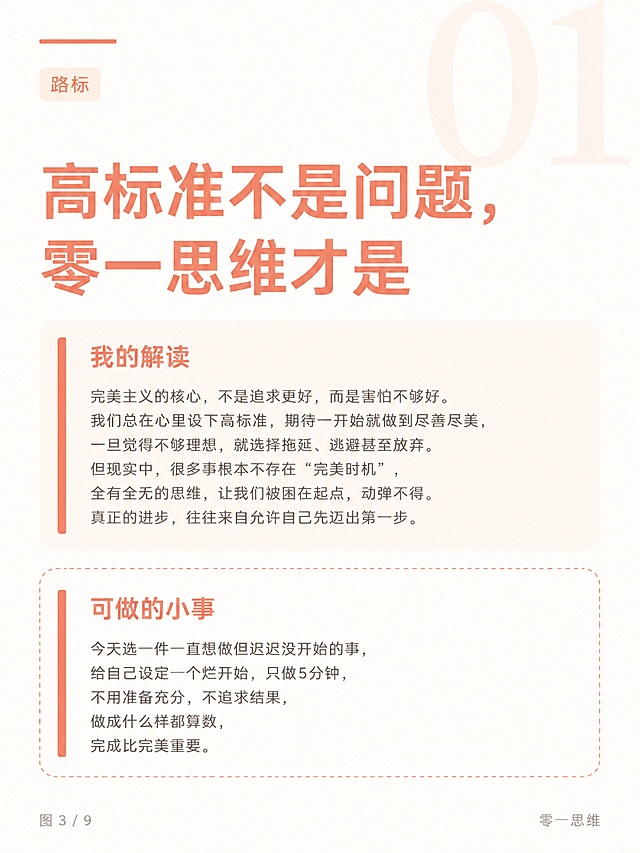 竖版杂志风格知识卡片，高端生活方式杂志排版美学，清新温暖，大量留白。背景为极浅奶油白色（色号#fefcfa），搭配浅橘色（色号#E8856E）装饰元素。

【顶部区域】右上角有一个巨大的半透明数字"01"，浅橘色，作为背景装饰，非常淡几乎融入背景。左上角有一条浅橘色细长装饰条。左上角标签文字："路标"，浅橘色，浅色圆角背景框，小字。

【中央区域】主标题："高标准不是问题，零一思维才是"，浅橘色粗重字体，左对齐或居中，字号大而醒目。

主标题下方第一个内容卡片：极浅暖杏色（#fdf5ed）底色圆角矩形块，左侧有浅橘色竖条装饰。卡片内小标题："我的解读"，浅橘色，字号稍大。小标题下方正文段落：关于完美主义核心的思考，全有全无的思维是卡住的真正元凶。正文为暖灰色小字，左对齐，排版整齐。

第一个卡片下方第二个内容卡片：浅橘色（#f0d5c8）虚线圆角边框包裹的矩形块，内部背景透明。卡片内小标题："可做的小事"，浅橘色，字号稍大。小标题下方正文段落：今天选一件一直想做但迟迟没开始的事，给自己设定一个烂开始，只做5分钟，做成什么样都算数，完成比完美重要。正文为暖灰色小字，左对齐，排版整齐。

【底部区域】左下角文字："图 3 / 9"，浅灰色小字。右下角文字："零一思维"，浅灰色小字。

整体风格：极简留白，杂志排版美学，大量留白，呼吸感强，字体清晰，排版规整。画面中所有数字"01""3""9""5"必须精确渲染，不得错位、遗漏或编造。画面中所有信息区域必须填充完整合理的内容，不得出现空白框或占位。