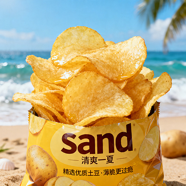 一张薯片宣传海报，产品名为sand，金黄色酥脆薯片特写，包装醒目标注品牌名"sand"，清新夏日海滩背景，整体风格清爽诱人，食品广告设计，构图饱满层次感强