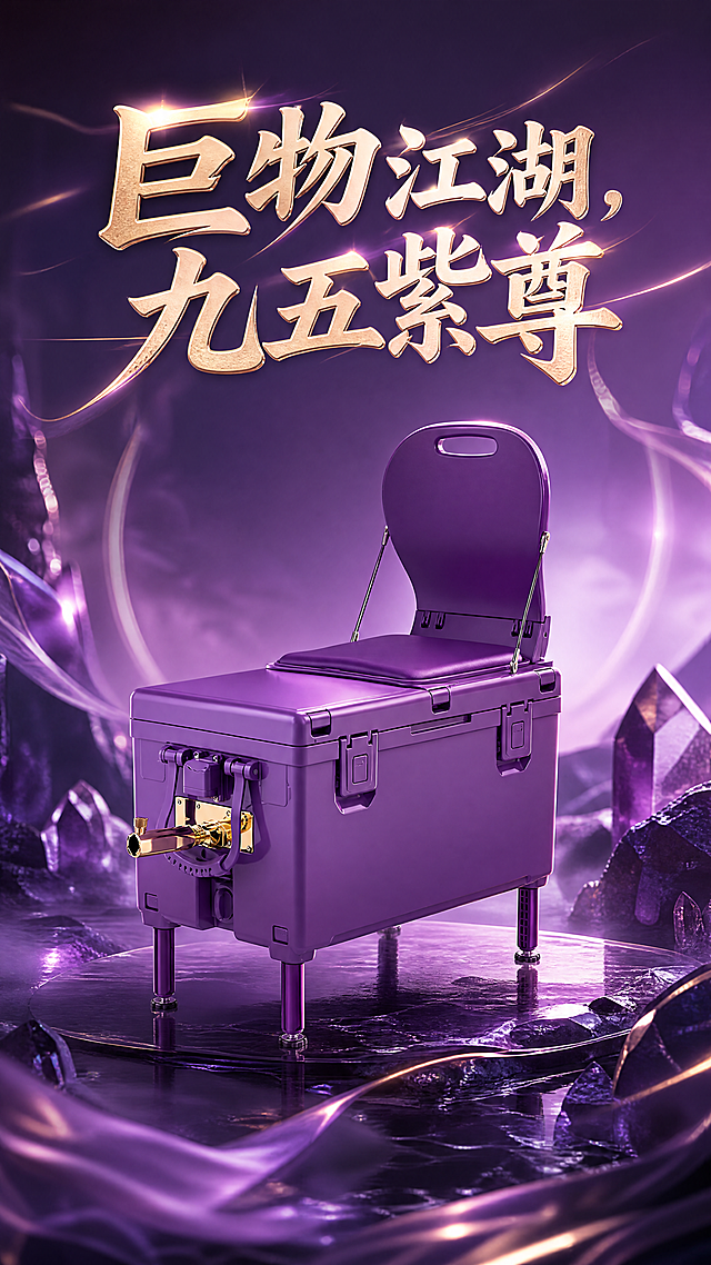 紫色钓鱼箱产品海报，保留标题"巨物江湖，九五紫尊"，移除其他所有文字，整体背景保持紫色调，围绕紫色展开联想，画面展示紫色钓鱼箱，高级质感，电商海报风格