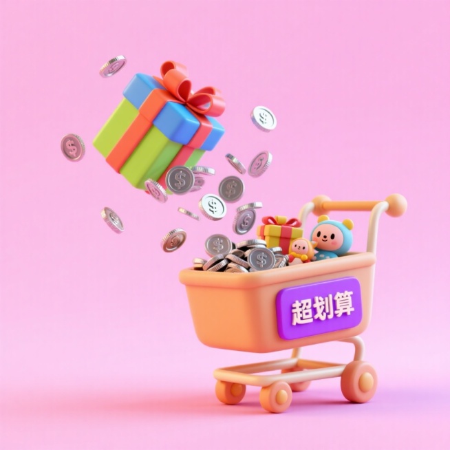 画面上方，一个彩色礼盒正散落出众多银色硬币，掉至右侧的推车中，推车里装满玩偶、银色硬币、小礼盒等，推车把手处还挂着写有 “超划算” 的紫色标牌，粉色背景。预览效果