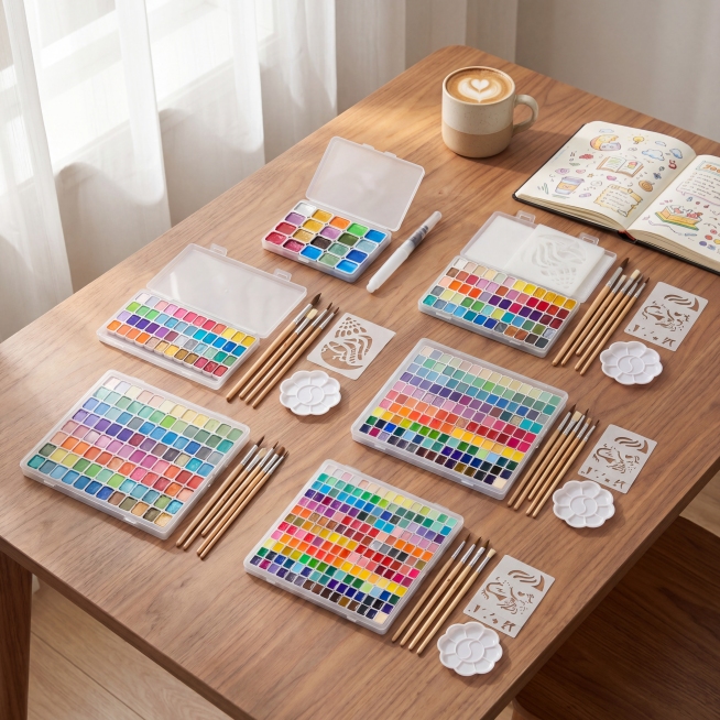 五款水彩颜料文具，严格参照上传五张产品图，完整保留所有可见组件、部件、轮廓形状、结构、比例、材质质感、颜色与每张产品图完全一致，将它们共现在同一张图中，所有产品之间留有合理空间，不穿模不重叠，全部产品预览效果