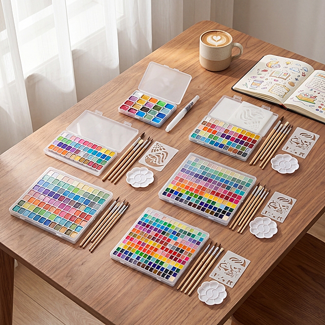 五款水彩颜料文具，严格参照上传五张产品图，完整保留所有可见组件、部件、轮廓形状、结构、比例、材质质感、颜色与每张产品图完全一致，将它们共现在同一张图中，所有产品之间留有合理空间，不穿模不重叠，全部产品放在浅原木色桌子上，参考示例图风格：温馨暖色调的室内桌面场景，参考图左侧透自然光侧斜45°，产品受光面泛起暖木色，暗部映射浅灰光晕，与环境物理融合，中景，五组产品错落摆放在桌面上，微俯视角，相对参考图偏转20°，全量换款清单：①桌面：参考图浅橡木 → 生成浅胡桃木纹理桌子，同为实木材质；②背景：参考图左侧白色纱帘，保留，同品类换款，整体温馨干净，角落放置一杯拉花咖啡和一本手绘打开的速写本，保留参考图的生活感氛围。产品本体上的文字信息100%保留不变；清除产品本体之外的装饰信息/卖点 / 水印 / 价格 / 排版角标 / 装饰边框等营销信息。严格锁定宽高比为 1:1，4K 分辨率。