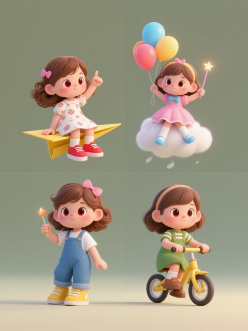 3D渲染风格，纯色背景，4个不同造型的卡通小女孩系列素材集合规整排布。每个小女孩均保持圆润可爱的头部比例、明亮大眼睛和红润脸颊的Q版萌系特征，拥有棕色卷发和粉色发饰。第一个女孩穿着白色碎花连衣裙配红色鞋子，坐在黄色纸飞机上并举起右手食指；第二个女孩身着蓝色背带裤与白色T恤，脚踩黄色运动鞋，双手握着五彩气球向上飞起；第三个女孩穿着粉色公主裙搭配白色长袜和蓝色蝴蝶结鞋，手持魔法棒坐在云朵上；第四个……预览效果