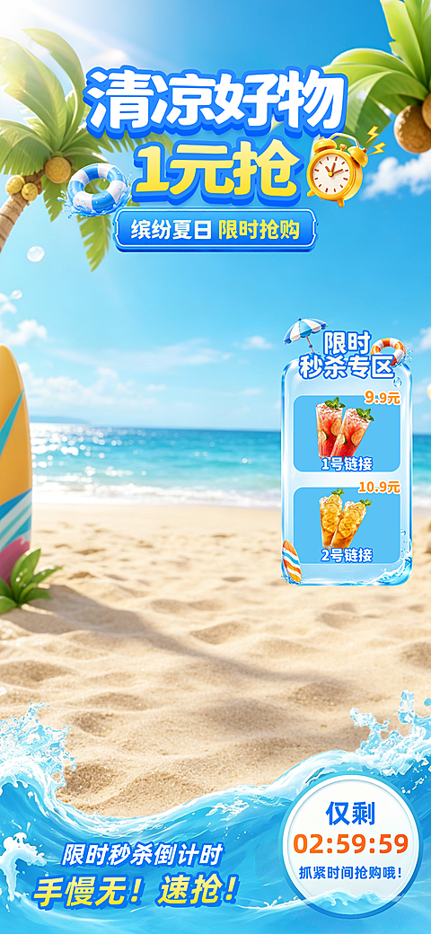 清新蓝白清凉感夏日海滩活力橙秒杀抢购直播间背景