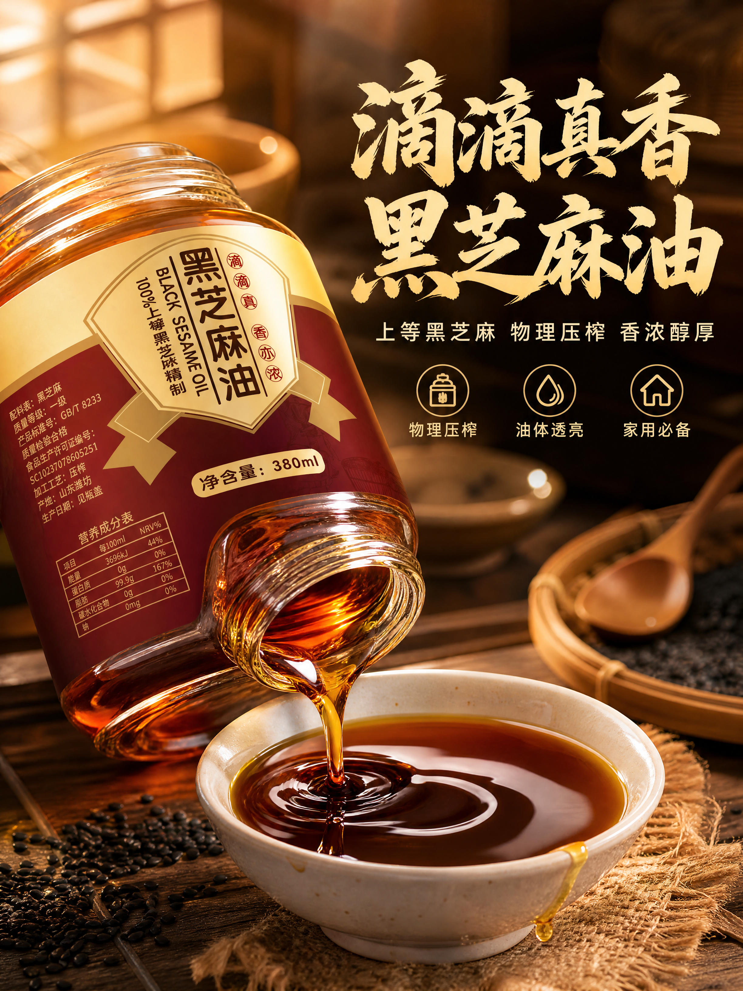 [商品] 使用【图1】黑芝麻油玻璃瓶（红金标签+红棕色瓶盖+深… - 图片创意预览