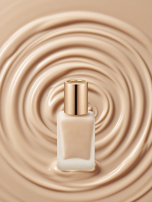 以浅米色的粉底液液体为背景，液体呈现出自然的螺旋涟漪效果，营造出柔滑、细腻的质感