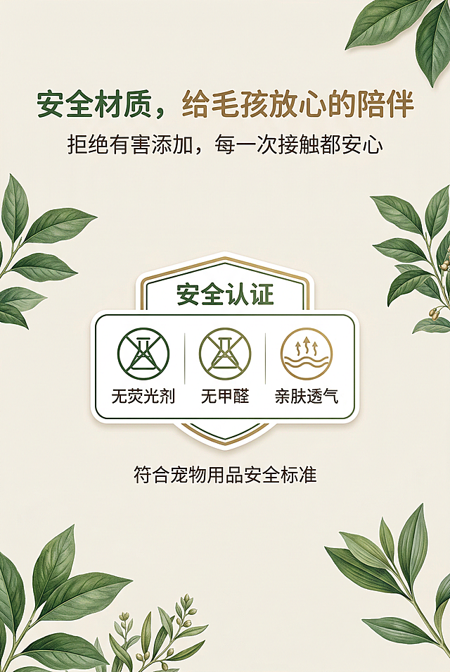2:3竖屏，杂志风精致排版，中心展示“无荧光剂、无甲醛、亲肤透气”的认证图标，下方用文字标注“符合宠物用品安全标准”。背景为浅米色，搭配绿叶装饰，突出产品的安全可靠。主标题：“安全材质，给毛孩放心的陪伴”，副标题：“拒绝有害添加，每一次接触都安心”。文字采用圆润无衬线字体，认证图标醒目，整体风格统一为清新可靠风。严格还原产品的安全属性，排版协调无突兀感。避免认证图标失真、文字标注错误，避免杂乱背景、突兀的文字排版，避免出现拉链、多余装饰，避免风格割裂。