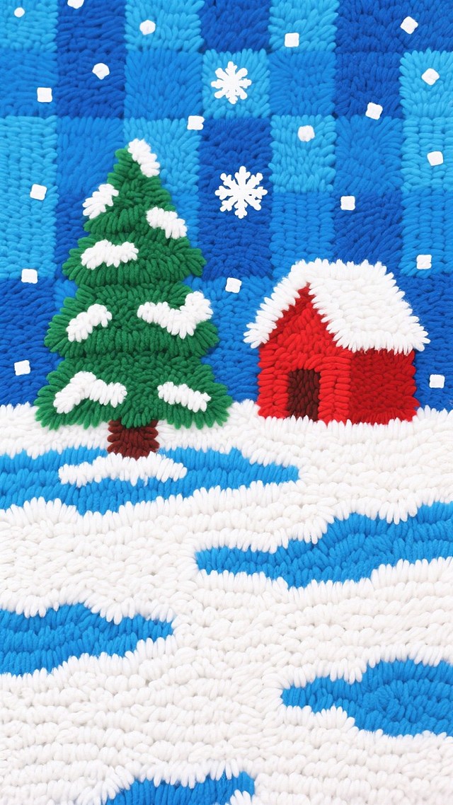 冬日雪地中，一棵被雪覆盖的圣诞树旁边有一座红色的小房子，天空中飘着雪花，蓝色背景