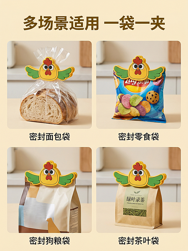 基于原图黄色小鸡造型食品夹，制作四宫格多场景使用展示主图，四个小场景分别为：1.密封面包袋 2.密封零食袋 3.密封狗粮袋 4.密封茶叶袋，每个小场景展示食品夹的使用效果，保持干净明亮的简约厨房风格，整体统一协调，顶部大标题 "多场景适用 一袋一夹"，字体为无衬线粗体，深黄色文字，每个小场景下方标注对应场景名称，产品外观保持和原图100%一致，整体风格和前面主图统一，符合构图规范。2k分辨率