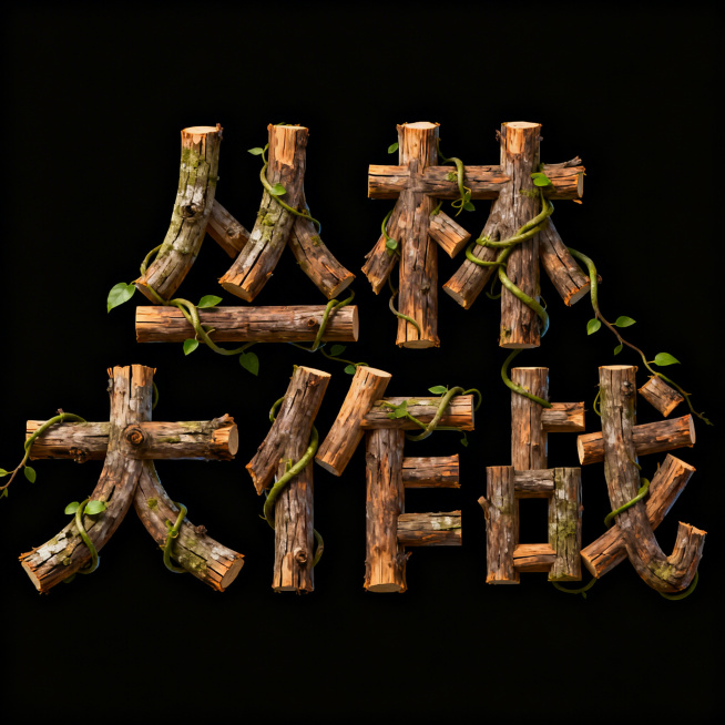 纯黑色背景，“丛林大作战”字体标题设计，字体由未去皮的木条组成，有藤蔓缠绕其上，充满丛林野趣预览效果