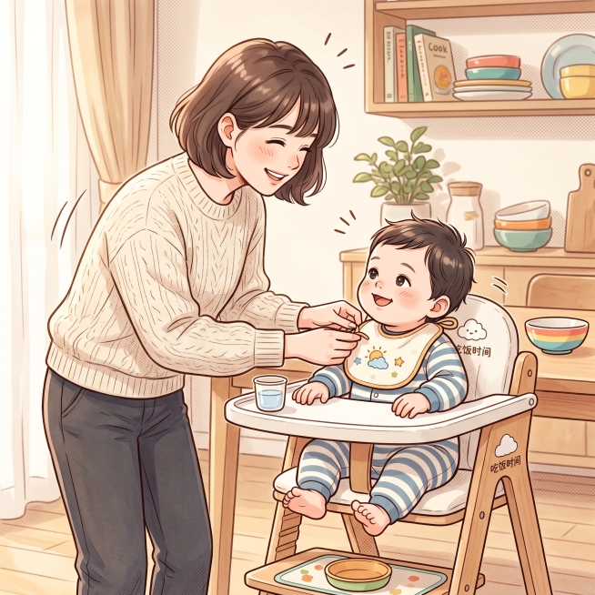 漫画风格，6-10个月大的小孩小仙君在饭前准备，第三个场景：妈妈给小仙君戴上小围脖（小脖巾），妈妈和小仙君都穿现代装扮，整体柔和清新可爱，温馨居家环境预览效果