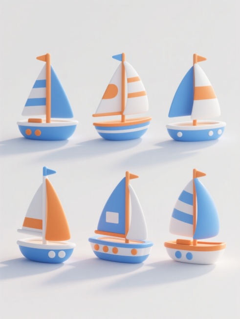 六个造型各异的3D立体帆船模型集合，保持蓝白橙配色方案，每个帆船具有独特的帆型设计、船身线条和细节装饰，均采用圆润简约的卡通风格，表面光滑有轻微渐变质感，统一光源从左上方照射形成柔和阴影，所有帆船规整排列在纯白色背景上，整体构图平衡且富有设计感。预览效果
