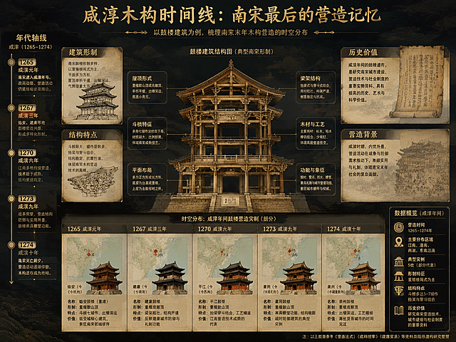 信息可视化图，主题：《咸淳木构时间线：南宋最后的营造记忆》，中心构图，中间核心是古楼建筑结构图，四周分布着鼓楼建筑的知识介绍，从1265年咸淳元年开始梳理南宋末年木构营造的时空分布，按年代轴线呈现地理位置，建筑形制，结构特点与历史价值，整体风格大气沉稳，创意突出，数据真实