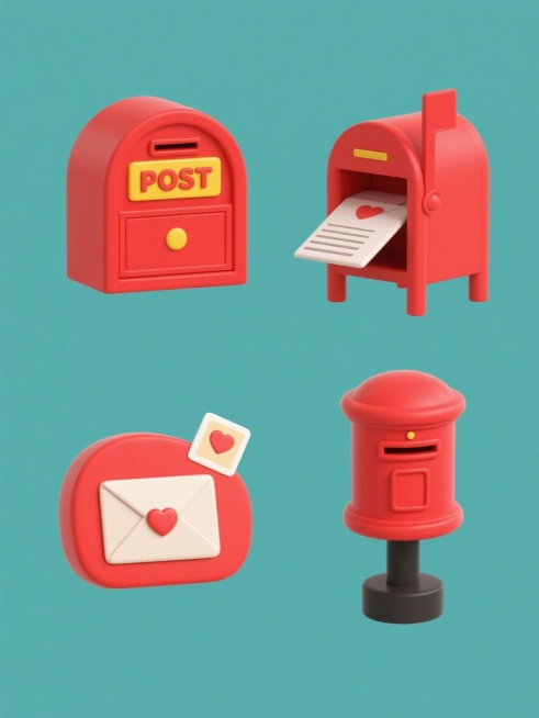 四个造型完全不同的红色邮箱元素规整排布在纯色背景上，保持卡通风格，每个邮箱都有独特设计：一个是带"POST"黄色标牌和信件的经典款式，一个是邮箱门打开露出信封的造型，一个是带有爱心图案明信片的设计，还有一个是简约柱状带黑色底座的样式，所有邮箱细节清晰，色彩鲜明，整体布局整齐有序。预览效果