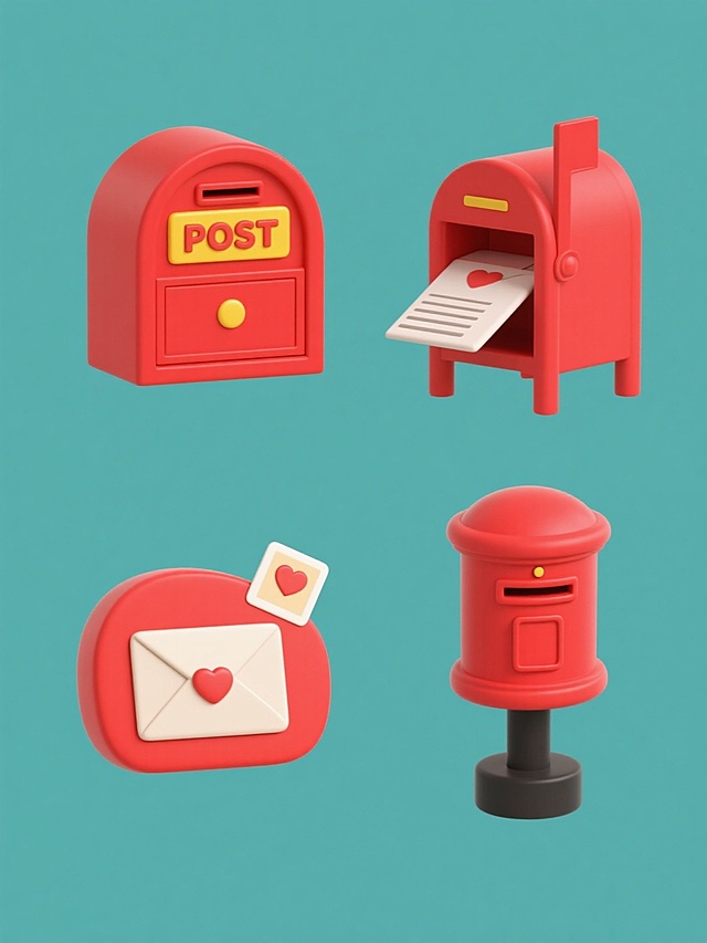 四个造型完全不同的红色邮箱元素规整排布在纯色背景上，保持卡通风格，每个邮箱都有独特设计：一个是带"POST"黄色标牌和信件的经典款式，一个是邮箱门打开露出信封的造型，一个是带有爱心图案明信片的设计，还有一个是简约柱状带黑色底座的样式，所有邮箱细节清晰，色彩鲜明，整体布局整齐有序。