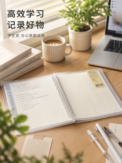 [主图-5] 学习场景使用展示图；[氛围风格] 温馨治愈学习氛围感，真实日常使用场景；[画质] 商业摄影质感，光线柔和自然，画面温暖舒适；[元素] 桌面布置成日常学习场景，打开的道林活页本放在桌面中央预览效果