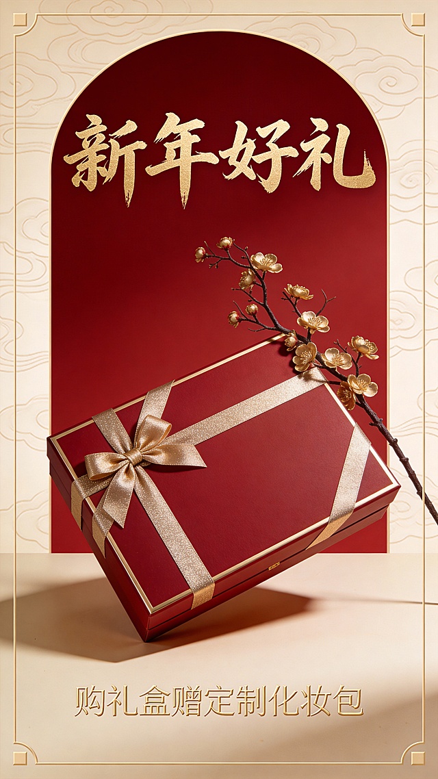 国潮风融合鎏金浮雕元素，重拟物设计呈现中式奢华礼盒，喜庆红金配色烘托新年氛围，尽显高端质感与节日仪式感。
