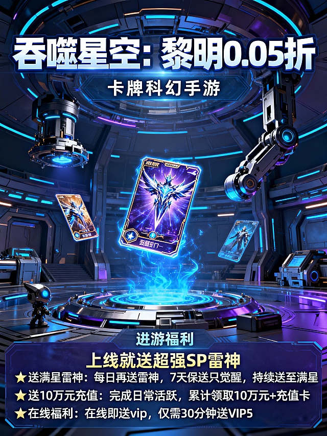 将以下文字生成3张宣传图片：‘吞噬星空：黎明0.05折’为正标题“卡牌科幻手游”为副标题 进游福利：上线就送超强SP雷神
★送满星雷神：每日再送雷神，7天保送只觉醒，持续送至满星
★送10万元充值：完成日常活跃，累计领取10万元+充值卡
★在线福利：在线即送vip，仅需30分钟送VIP5