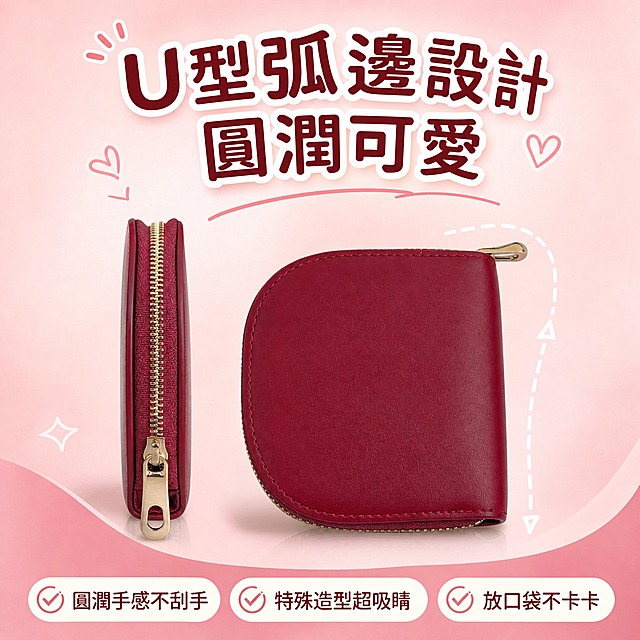 虾皮台湾站电商详情页，1:1正方形，4K超清，卖点页：U型弧边设计。画面展示酒红色零钱包侧面和正面，突出U型圆弧边角设计。配手绘线条标注弧度。上方标题繁体中文：「U型弧邊設計 圓潤可愛」，下方文字：「✓ 圓潤手感不刮手」「✓ 特殊造型超吸睛」「✓ 放口袋不卡卡」。背景为浅酒红色渐变，甜美风格。移动端易读，繁体中文。