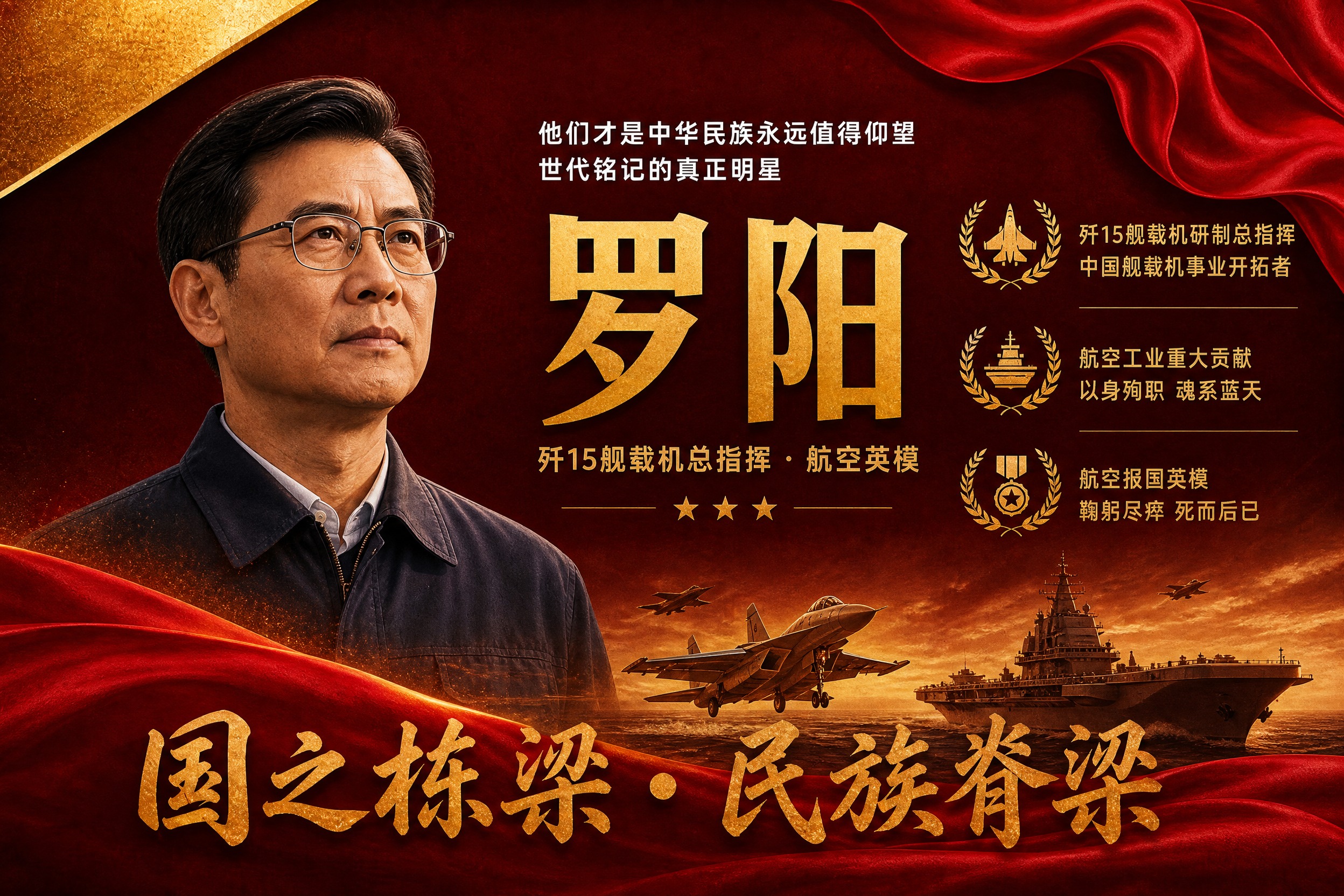 横版国之栋梁人物挂画海报，罗阳主题，参考图版式风格复刻，红金配… - 图片创意预览