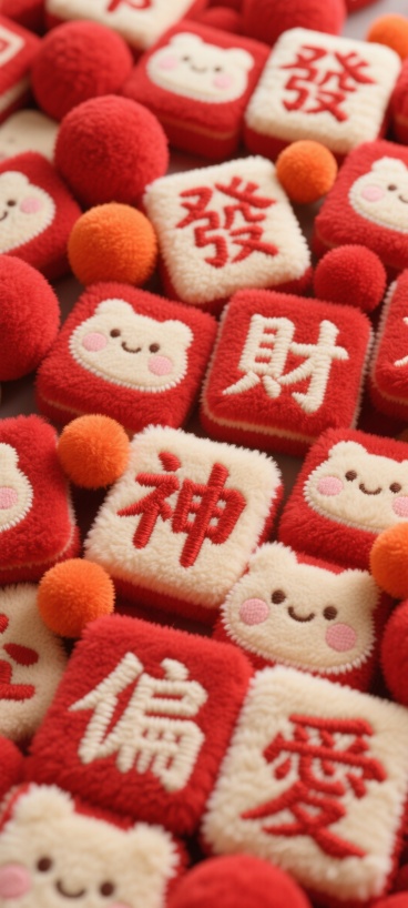 画面中是大量红色系的毛绒方块，上面绣有 “發”“財”“神”“偏”“愛” 等字样，字体圆润可爱，颜色以红色和米色为主，还点缀着一些橙红色的毛绒球。预览效果