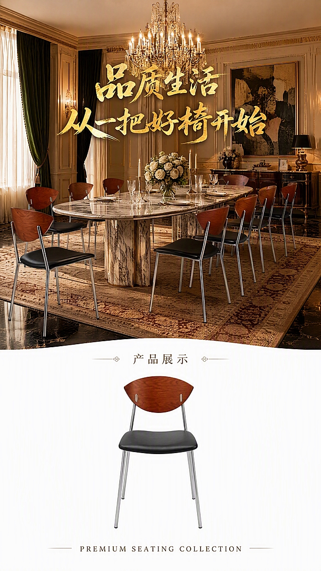 [第8张] 收尾页-大场景图+产品白底图。本张使用【图1】作为商品主体，保持椅子的结构、比例、颜色、材质与原图完全一致。
[氛围/风格] 高级奢华大场景收尾，大气磅礴，品牌质感，商业摄影质感。
[元素布局] 画面上2/3为大场景：奢华意式餐厅全景，包含长形大理石餐桌、多把同款餐椅、水晶吊灯、艺术挂画、高档餐边柜、花艺装饰、丝绒窗帘、精致地毯等至少6种空间元素，场景丰富高级奢华；画面下1/3为纯白色底区域，放置一把椅子的正面白底图，清晰展示产品全貌；所有椅子结构、比例、颜色、材质与输入产品图完全一致。
[光影质感] 大场景暖金色主光，水晶灯璀璨光影，空间层次丰富；白底图区域均匀柔光，产品清晰无阴影，干净利落。
[配色色系] 全局上半部分暖金奢华色调，下半部分 #FFFFFF 纯白色；主色深木色+金属银；辅助色暖金、米白、墨绿点缀。
[视角构图] 上大场景下白底图的上下分区构图，大场景为全景视角，白底图为正面标准视角，阅读动线顶部场景 → 中部品牌标语 → 底部白底产品图。
[文字版式] 大场景中央叠加艺术字品牌标语「品质生活 从一把好椅开始」，字体为大气艺术书法字，带金色渐变效果；白底图上方标注「产品展示」艺术小标题；底部放简约品牌英文「PREMIUM SEATING COLLECTION」；文字不遮挡椅子主体。
[比例分辨率] 9:16 竖版比例，4K分辨率，文字清晰可辨，高清画质。
[负向提示词] 椅子变形，比例失调，缺件错件，颜色偏差，水印，文字错乱，文字过小，产品模糊，人物出现，内部结构展示，尺寸数字标注。