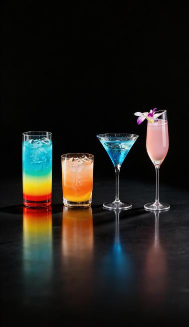 将图中四款鸡尾酒依次替换为参考图二、参考图三、参考图四、参考图五的四款饮品，保持原图的黑色背景、桌面反光和整体光影氛围，大师修图，4K画质预览效果
