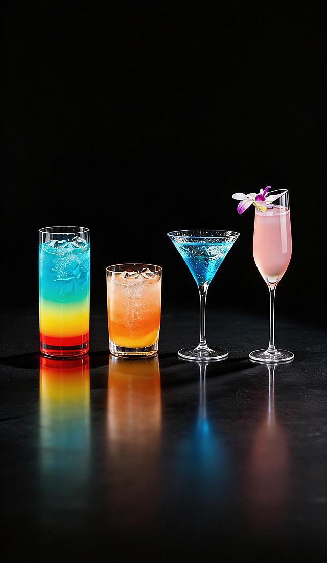 将图中四款鸡尾酒依次替换为参考图二、参考图三、参考图四、参考图五的四款饮品，保持原图的黑色背景、桌面反光和整体光影氛围，大师修图，4K画质