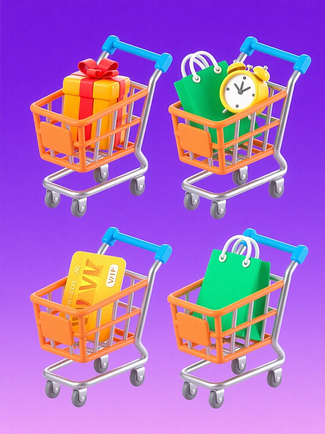 一套4个电商促销素材，上下两个，整齐排列，每个素材均购物车，保持橙色金属质感车架、蓝色手柄和灰色滚轮的统一视觉特征，购物车内分别装载不同组合的彩色购物元素（如黄色VIP卡片、带红色蝴蝶结的橙色礼盒、绿色购物袋、黄色闹钟等），紫色背景