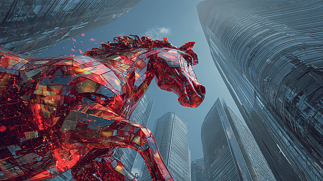2026 Year of the Horse Spring Festival, giant strides through Lujiazui skyscrapers, strikes mallet and spins, stirring up cloud currents, orbit shot, red and gold dance reflections on high-rise glass, cinematic texture, ultra-realistic rendering, high dynamic range, slight film grain, red and gold main tone with urban cool blue contrast, particle energy effects, Cinematic, epic scale, hyper realistic, Cyber Oriental Aesthetic