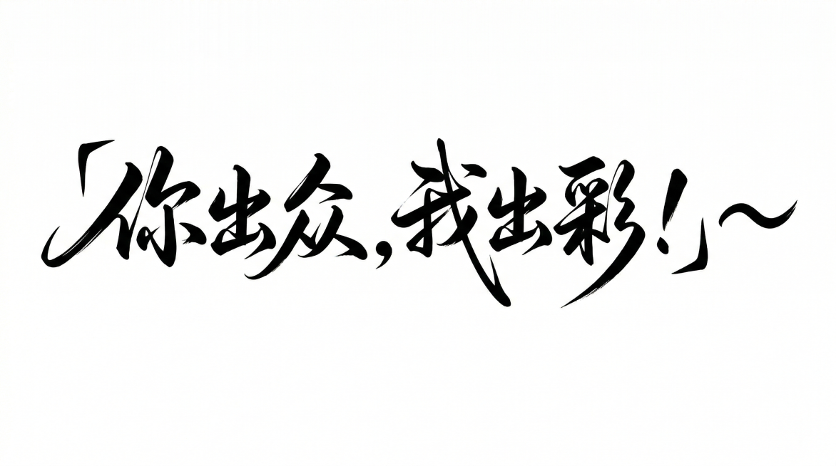 沿用参考图中书法字体笔划风格，设计文字「你出众，我出彩！~」，夸张连笔，钢笔质感，黑白配色，纯白背景预览效果