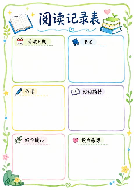 马克笔手绘风格，竖版尺寸210*297，阅读记录表，预留表格区域：包含阅读日期、书名、作者、好词摘抄、好句摘抄、读后感想共六个栏目，马克笔手绘边框，清新风格，文字清晰，留白充足可填写内容预览效果